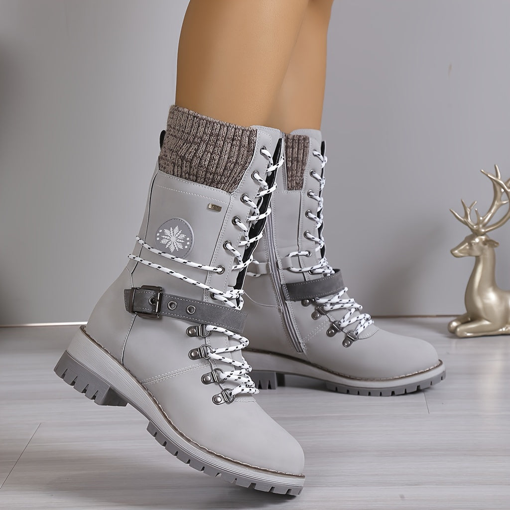 Women's Fashion Thermal Mid Calf Boots, Knitted Splicing Lace Up Side Zipper Boots, All-Match Outdoor Boots