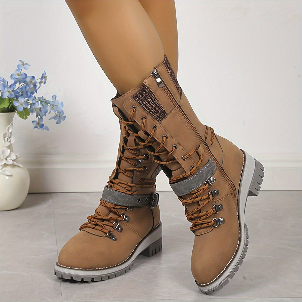 Women's Fashion Thermal Mid Calf Boots, Knitted Splicing Lace Up Side Zipper Boots, All-Match Outdoor Boots