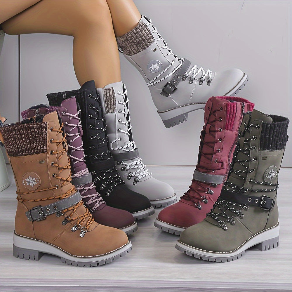 Women's Fashion Thermal Mid Calf Boots, Knitted Splicing Lace Up Side Zipper Boots, All-Match Outdoor Boots