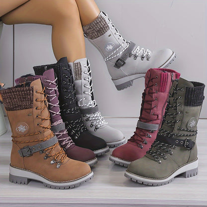 Women's Fashion Thermal Mid Calf Boots, Knitted Splicing Lace Up Side Zipper Boots, All-Match Outdoor Boots