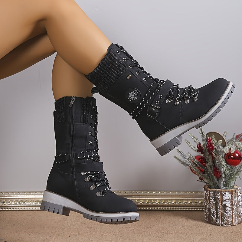 Women's Fashion Thermal Mid Calf Boots, Knitted Splicing Lace Up Side Zipper Boots, All-Match Outdoor Boots