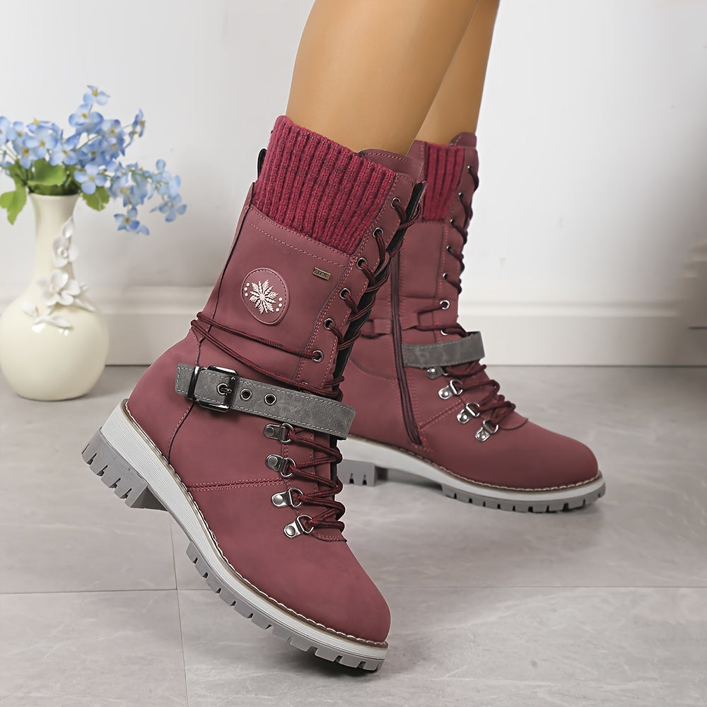 Women's Fashion Thermal Mid Calf Boots, Knitted Splicing Lace Up Side Zipper Boots, All-Match Outdoor Boots