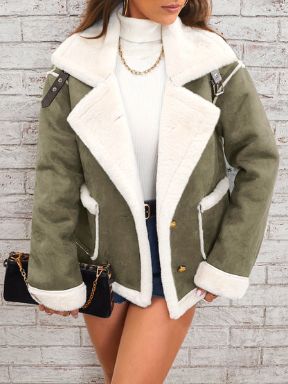 Womens Ultra-Soft Plush Lapel Jacket - Winter Warm Casual Outwear with Stylish Faux Fur Collar - Insulated Comfort, Trendy Design for Versatile Styling