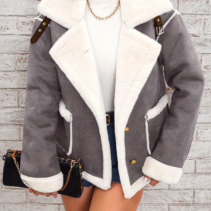 Womens Ultra-Soft Plush Lapel Jacket - Winter Warm Casual Outwear with Stylish Faux Fur Collar - Insulated Comfort, Trendy Design for Versatile Styling