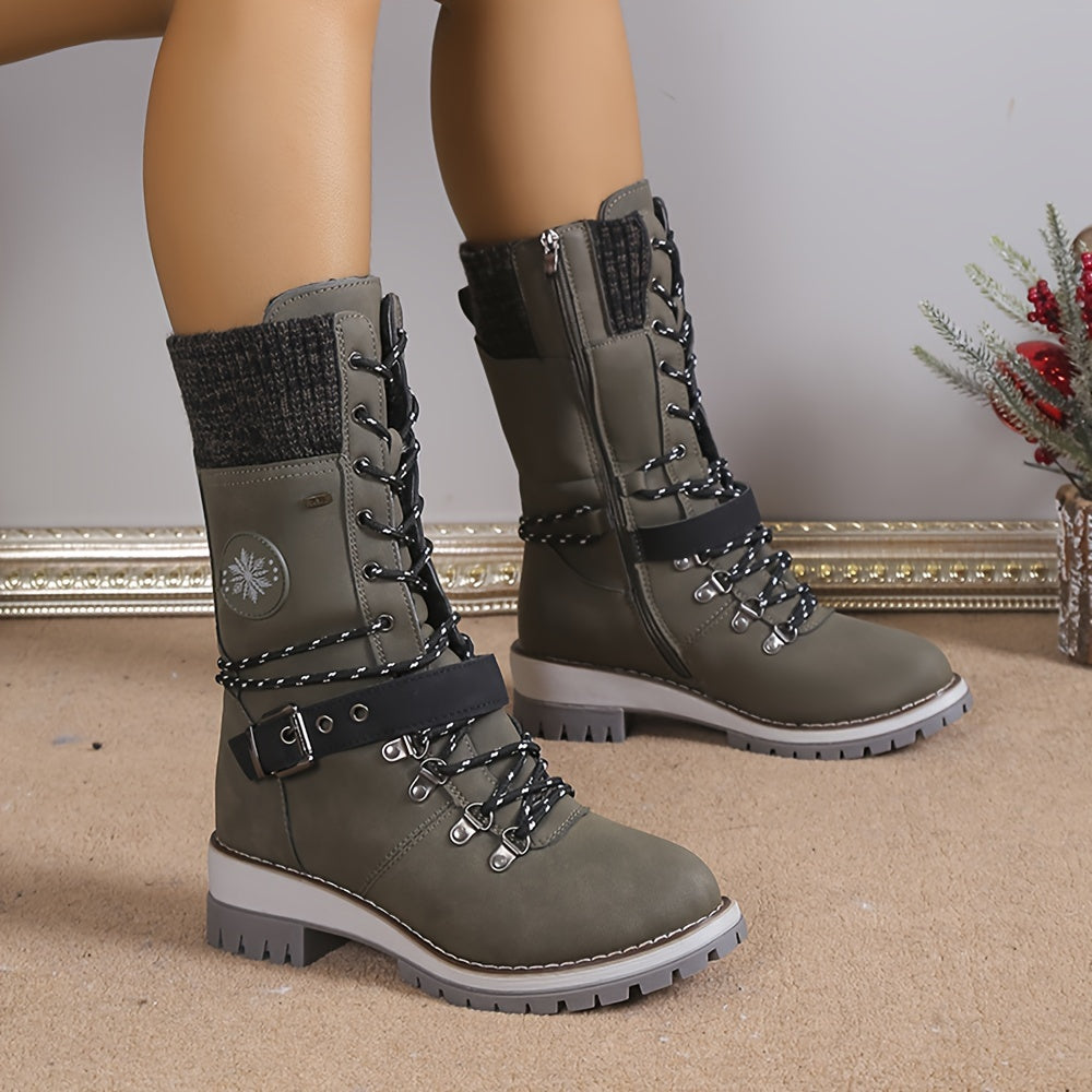 Women's Fashion Thermal Mid Calf Boots, Knitted Splicing Lace Up Side Zipper Boots, All-Match Outdoor Boots