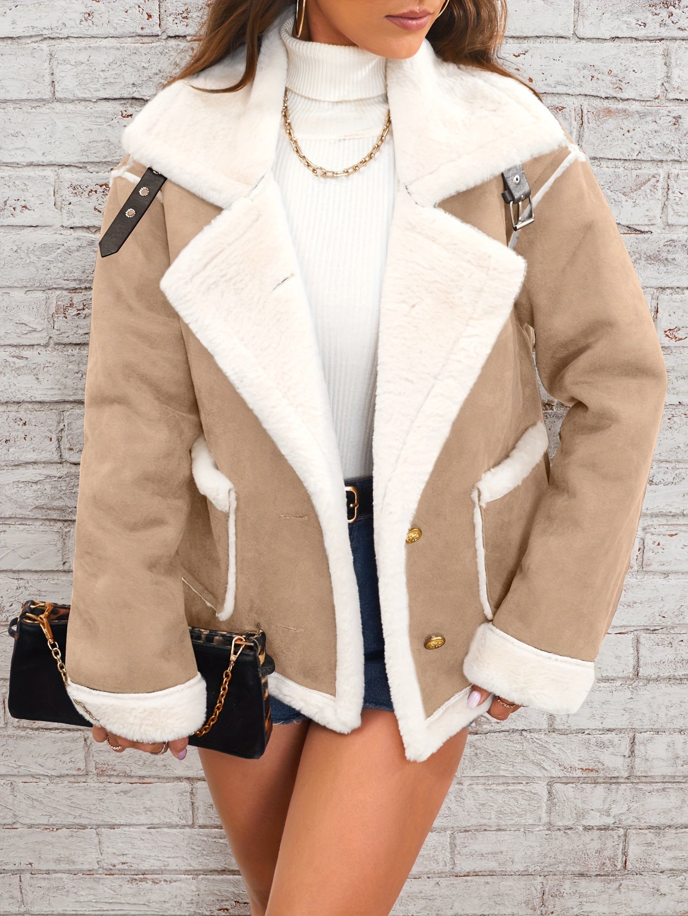 Womens Ultra-Soft Plush Lapel Jacket - Winter Warm Casual Outwear with Stylish Faux Fur Collar - Insulated Comfort, Trendy Design for Versatile Styling