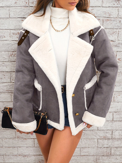 Womens Ultra-Soft Plush Lapel Jacket - Winter Warm Casual Outwear with Stylish Faux Fur Collar - Insulated Comfort, Trendy Design for Versatile Styling