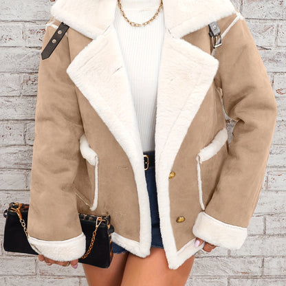 Womens Ultra-Soft Plush Lapel Jacket - Winter Warm Casual Outwear with Stylish Faux Fur Collar - Insulated Comfort, Trendy Design for Versatile Styling