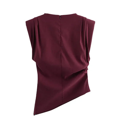 Women Casual Pleated Slim Short Vest Fashion Solid O Neck Sleeveless Shoulder Pad Top 2025 New Lady Casual Street Commuting Wear