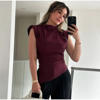 Women Casual Pleated Slim Short Vest Fashion Solid O Neck Sleeveless Shoulder Pad Top 2025 New Lady Casual Street Commuting Wear