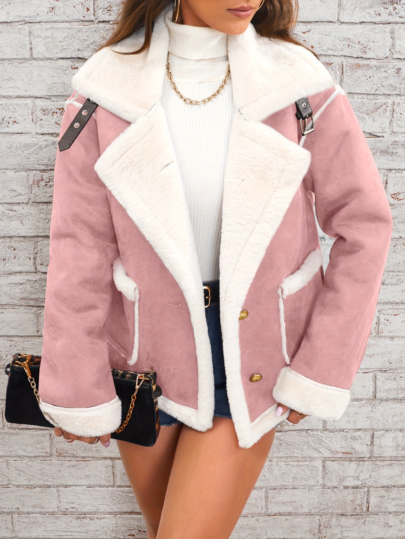 Womens Ultra-Soft Plush Lapel Jacket - Winter Warm Casual Outwear with Stylish Faux Fur Collar - Insulated Comfort, Trendy Design for Versatile Styling