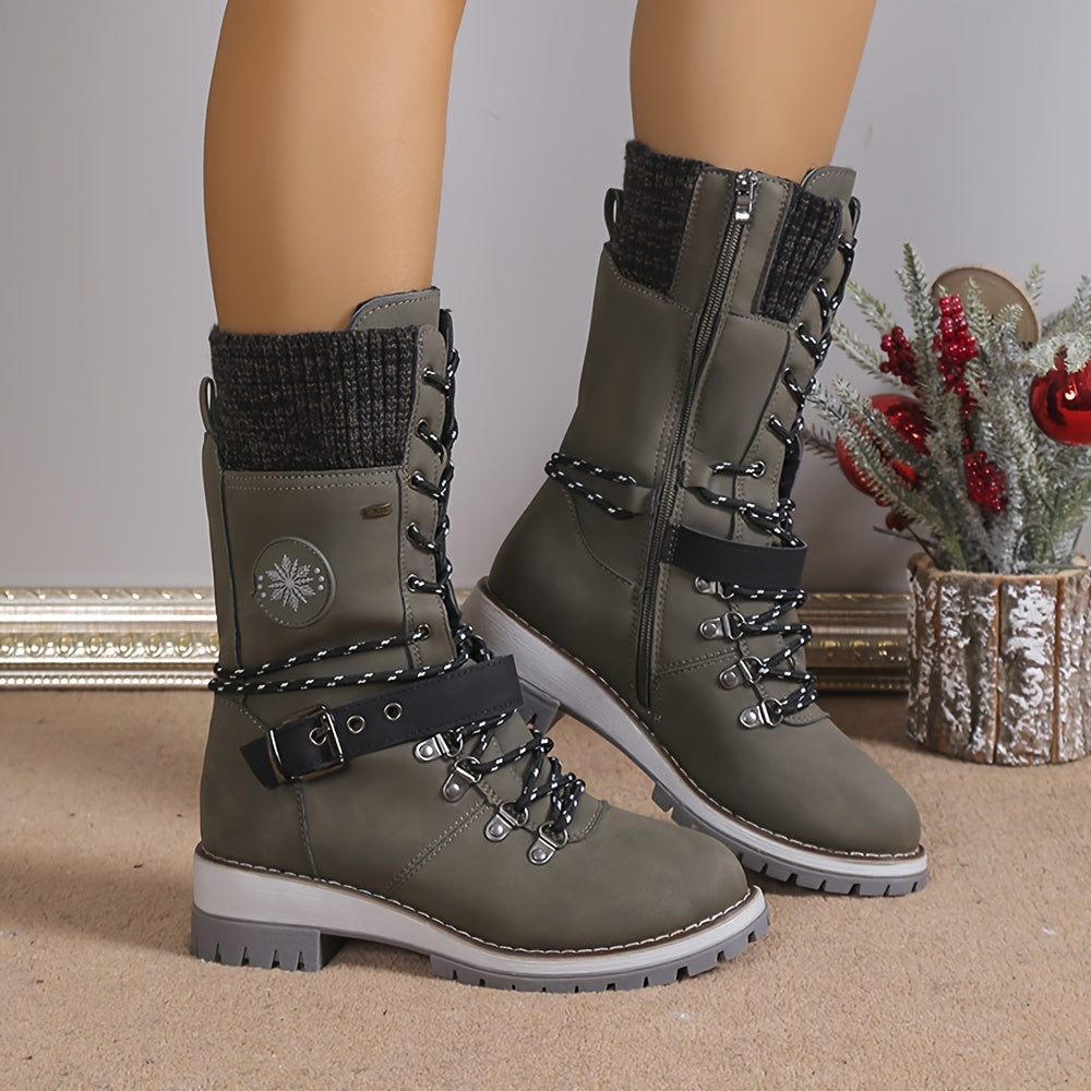 Women's Fashion Thermal Mid Calf Boots, Knitted Splicing Lace Up Side Zipper Boots, All-Match Outdoor Boots