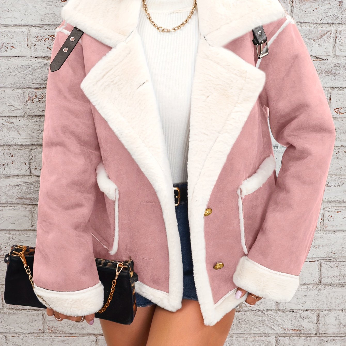 Womens Ultra-Soft Plush Lapel Jacket - Winter Warm Casual Outwear with Stylish Faux Fur Collar - Insulated Comfort, Trendy Design for Versatile Styling