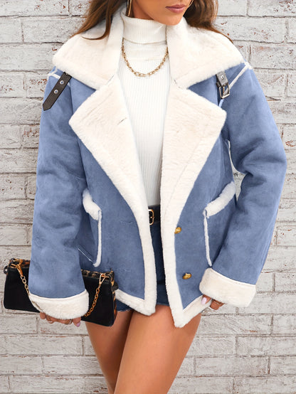 Womens Ultra-Soft Plush Lapel Jacket - Winter Warm Casual Outwear with Stylish Faux Fur Collar - Insulated Comfort, Trendy Design for Versatile Styling