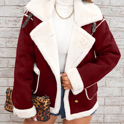 Womens Ultra-Soft Plush Lapel Jacket - Winter Warm Casual Outwear with Stylish Faux Fur Collar - Insulated Comfort, Trendy Design for Versatile Styling