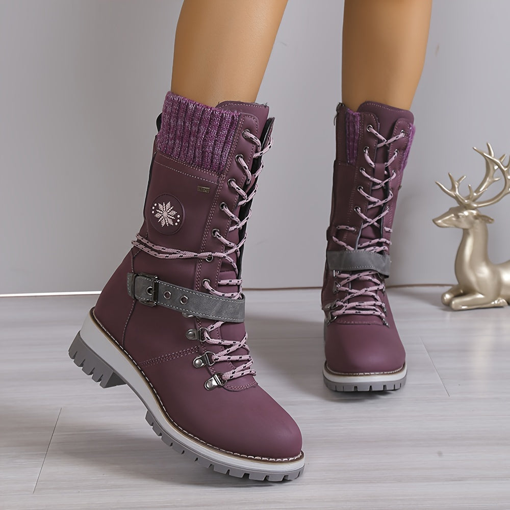 Women's Fashion Thermal Mid Calf Boots, Knitted Splicing Lace Up Side Zipper Boots, All-Match Outdoor Boots