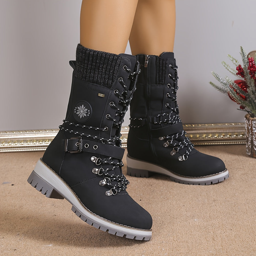 Women's Fashion Thermal Mid Calf Boots, Knitted Splicing Lace Up Side Zipper Boots, All-Match Outdoor Boots