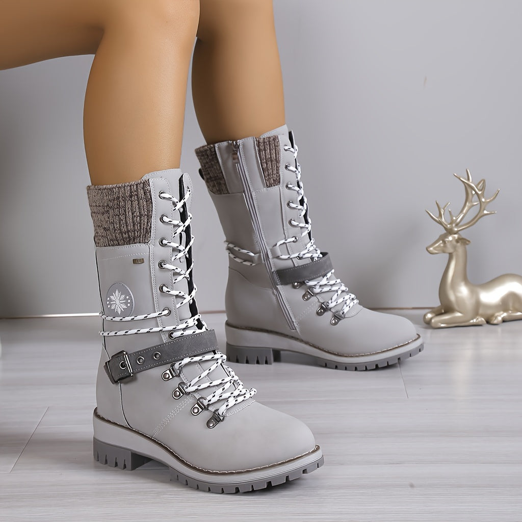 Women's Fashion Thermal Mid Calf Boots, Knitted Splicing Lace Up Side Zipper Boots, All-Match Outdoor Boots