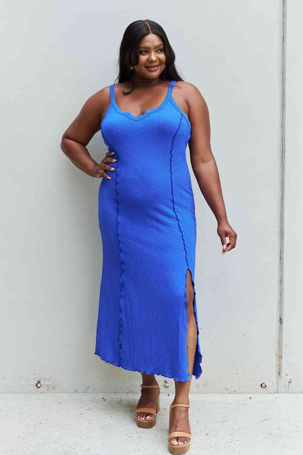 Culture Code Look At Me Full Size Notch Neck Maxi Dress with Slit in Cobalt Blue